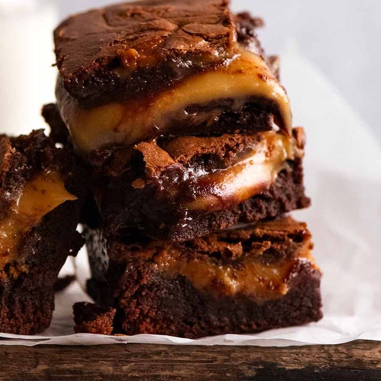 Close up of stack of Caramel Brownies
