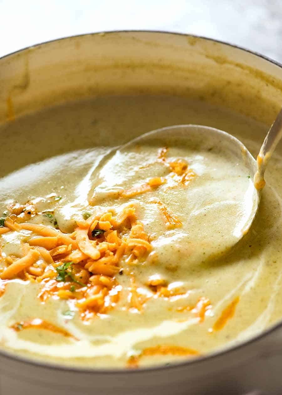 Big pot of creamy Easy Broccoli Soup fresh off the stove, ready to be served