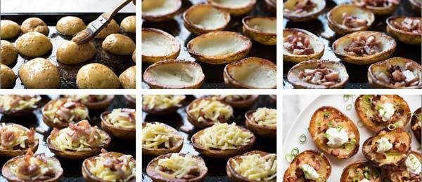Photo sequence showing steps to make Cheese & Bacon Potato Skins 