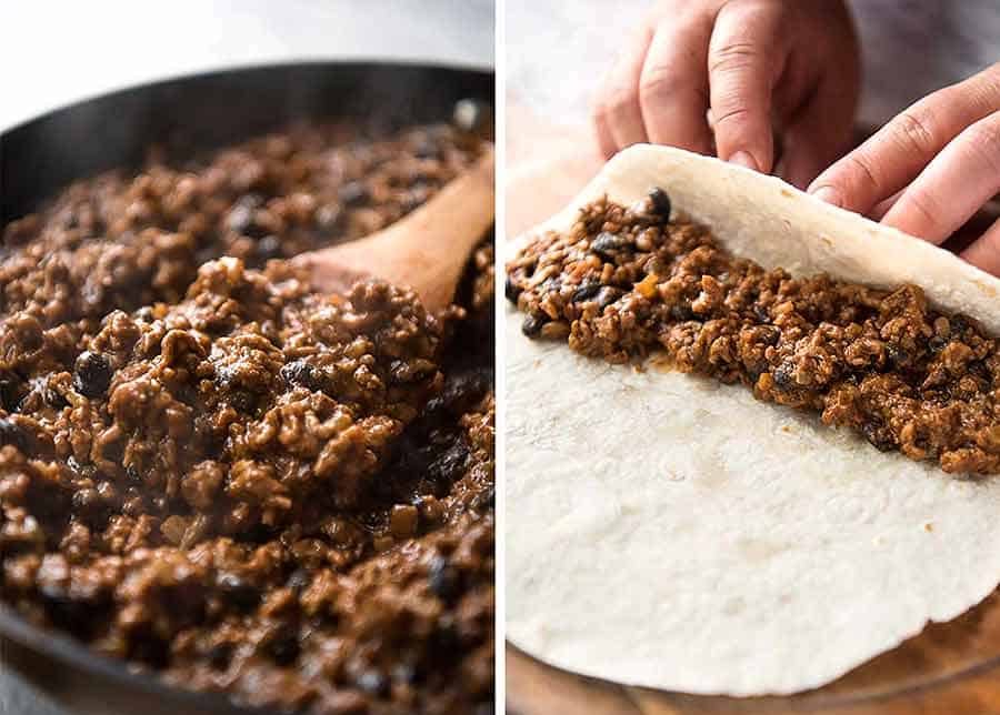 Preparation of beef and bean enchiladas