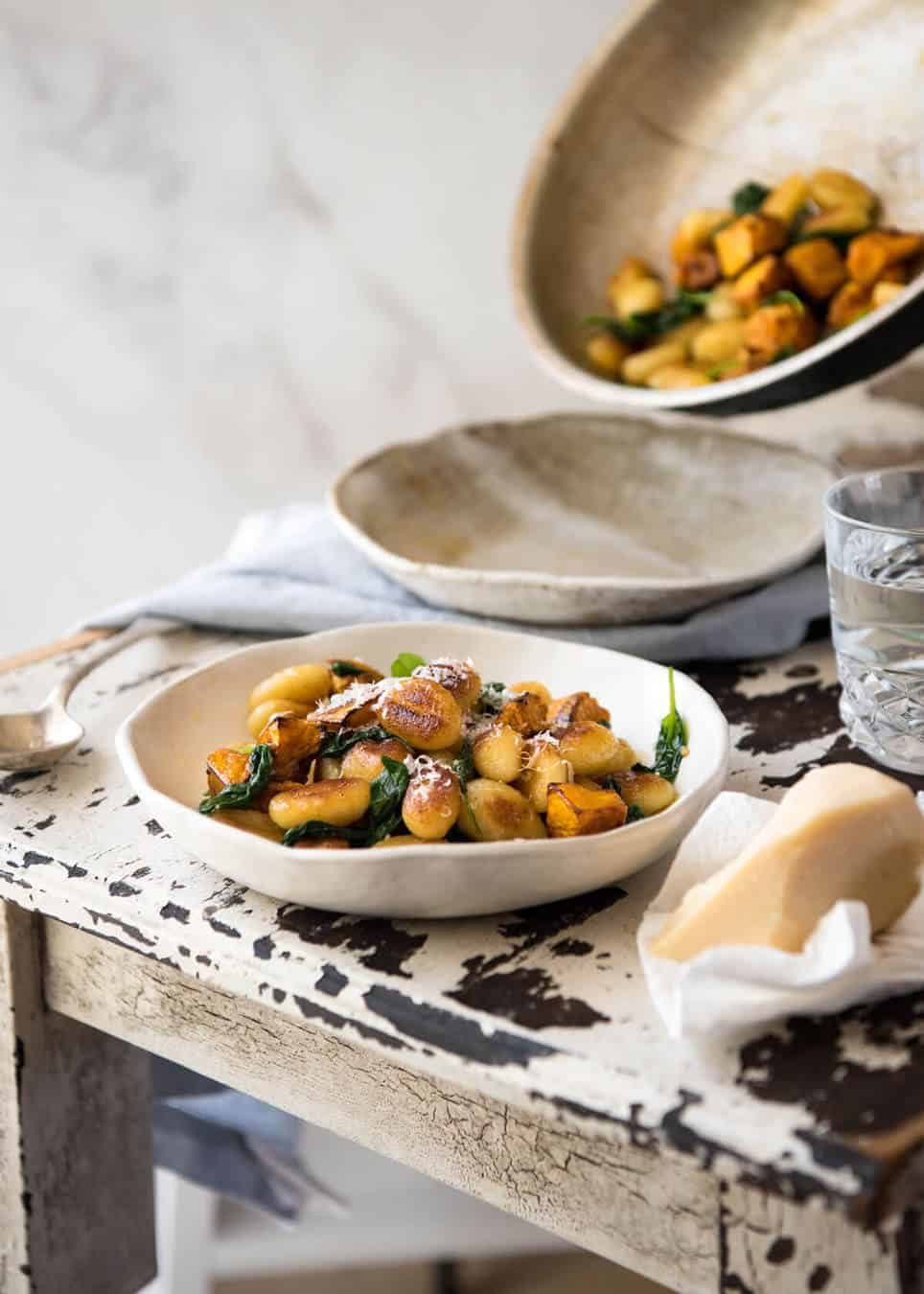 Pan Fried Gnocchi with Pumpkin and Spinach - Golden crispy on the outside, soft on the inside, with a butter sage sauce, roasted pumpkin and spinach. www.recipetineats.com