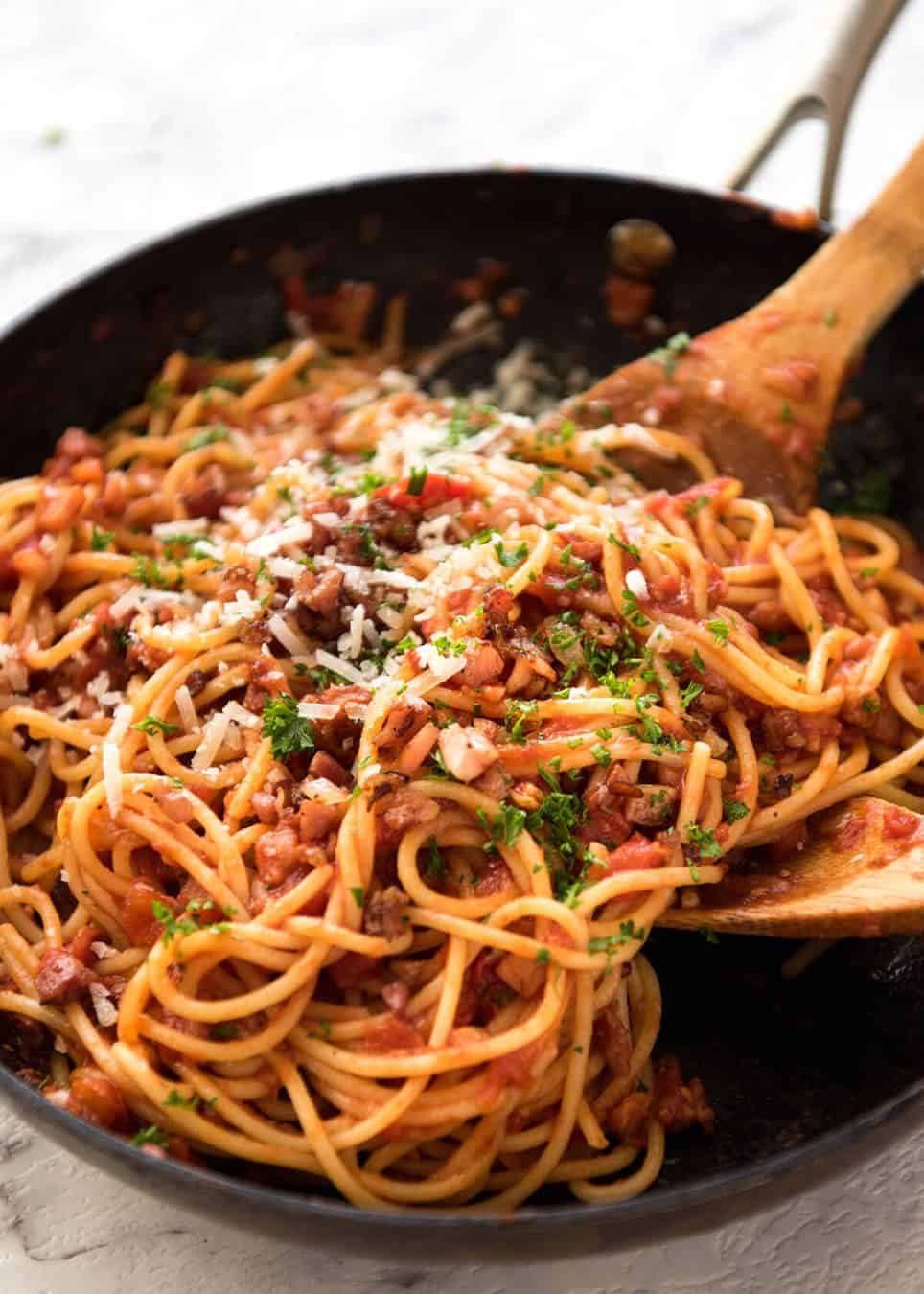 Simplicity at its best - Bacon Tomato Pasta. 5 ingredients. Utterly irresistible. recipetineats.com