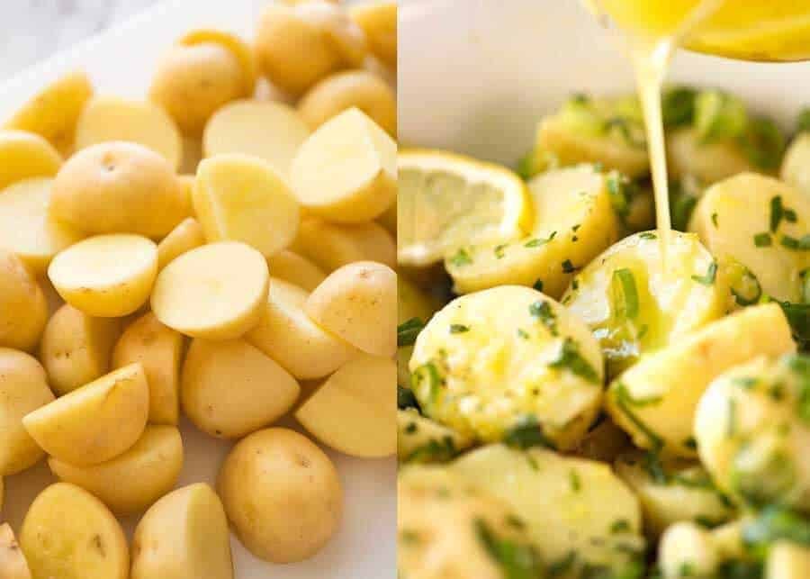 Lemon Dressing being poured over Lemon Potato Salad