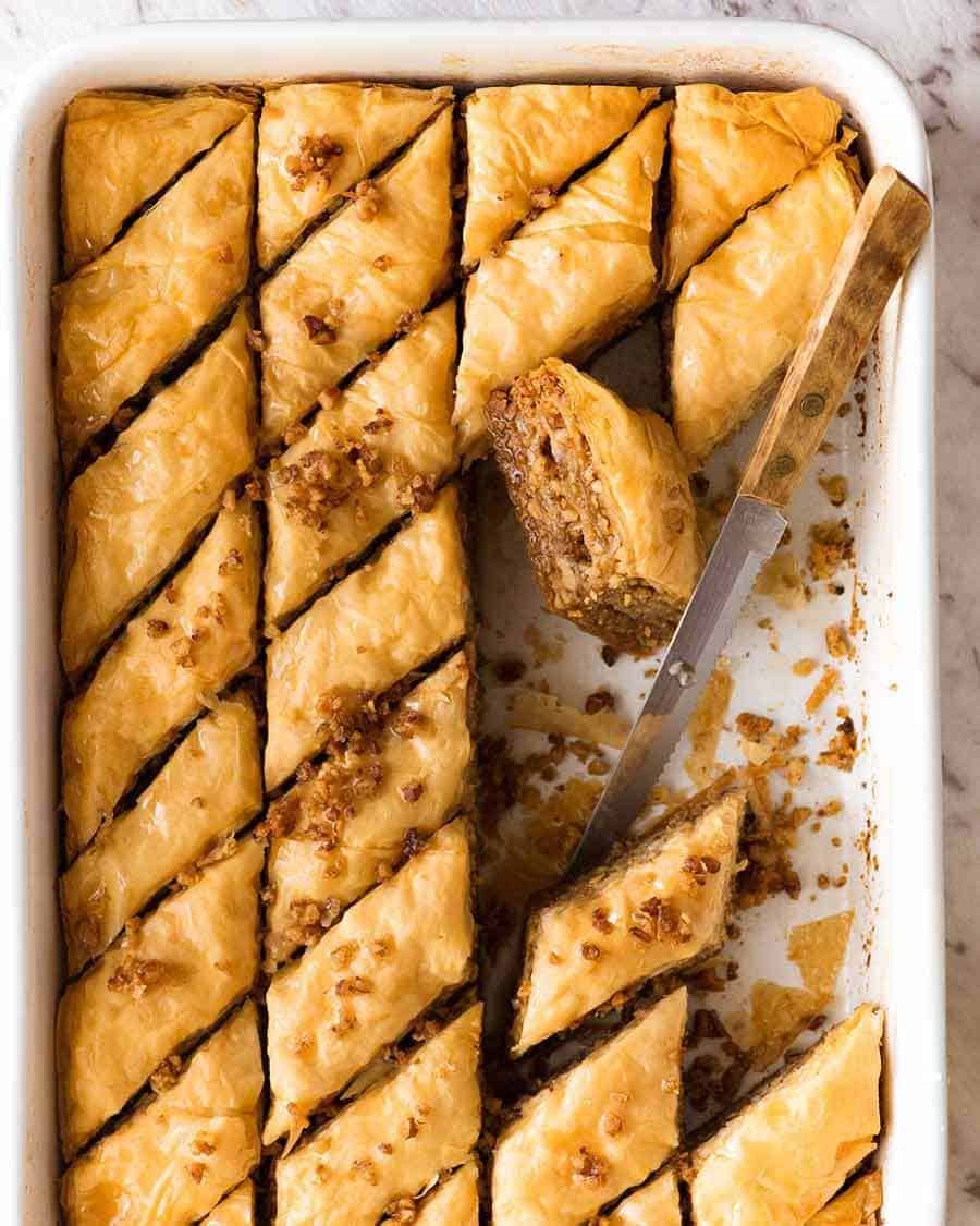 Overhead photo of Baklava in a white pan