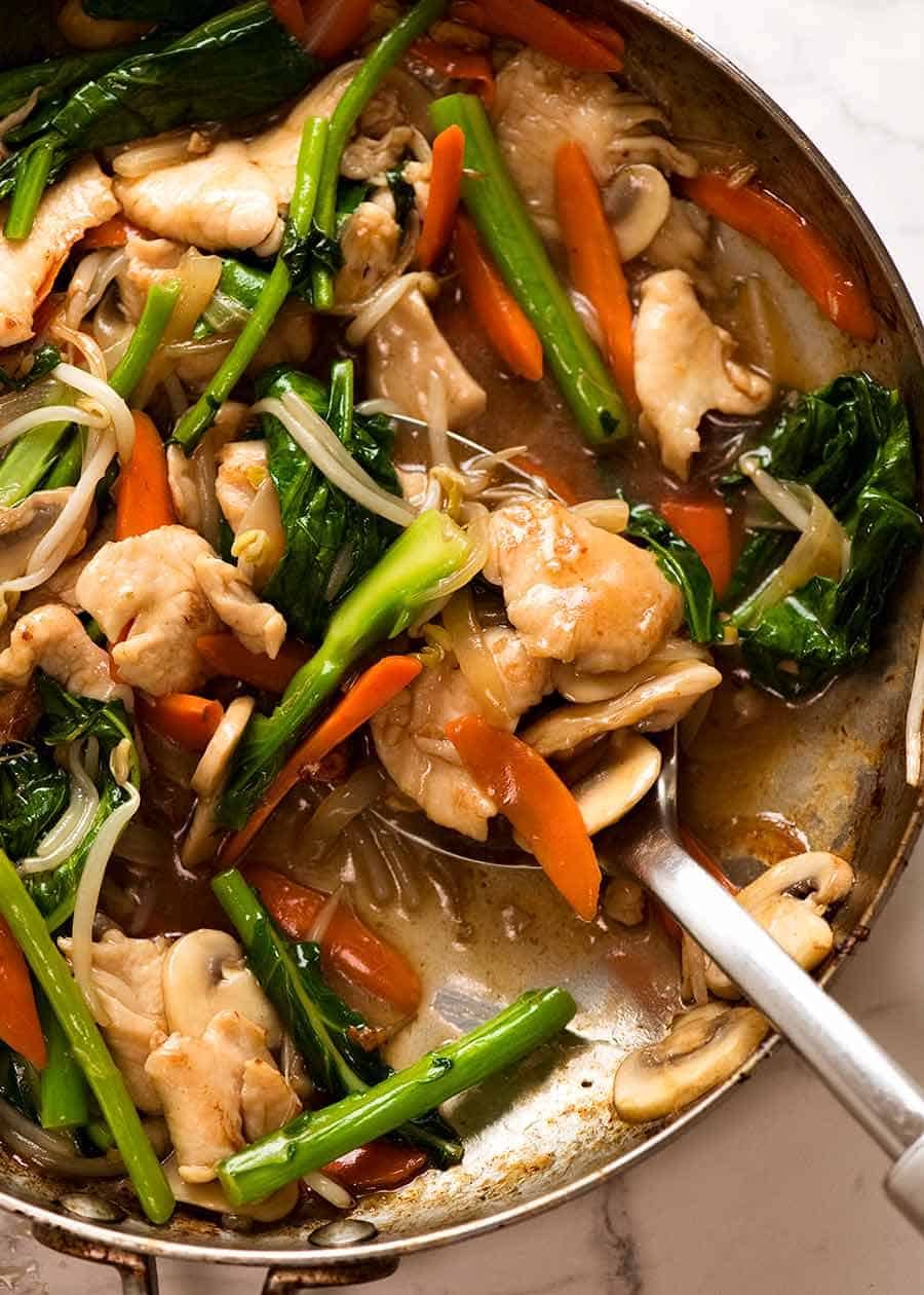 Chop Suey - Chicken Stir Fry in a skillet, fresh off the stove ready to be served