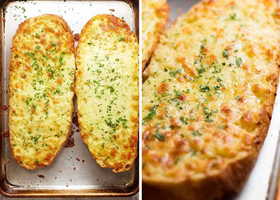 Overhead photo of Quick Cheesy Garlic Bread fresh out of the oven
