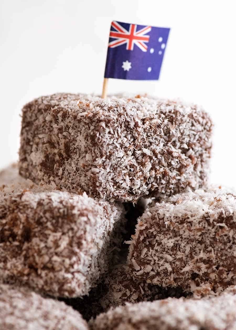 Pile of Lamingtons with an Australian flag