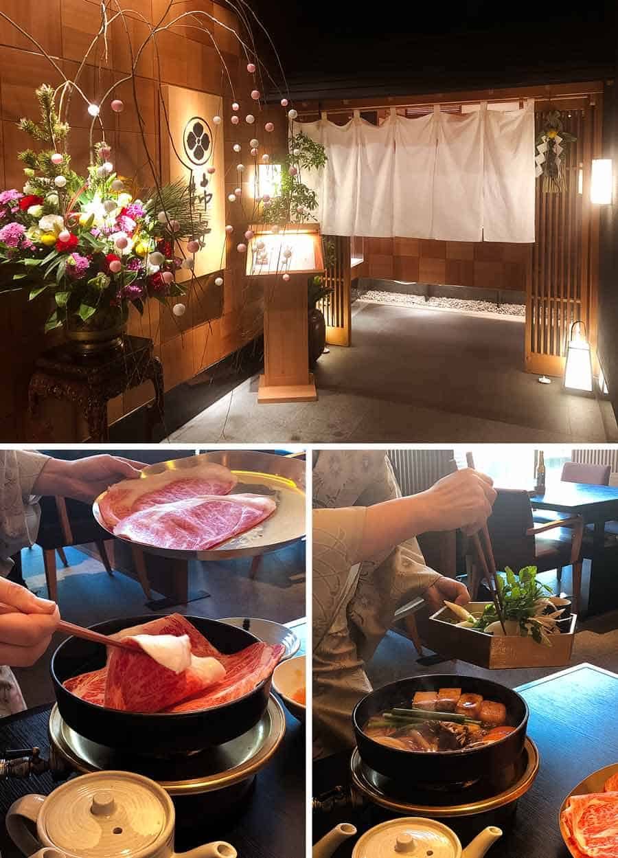 Kakiyasu - Sukiyaki served by the waitress and the outside photo of the restaurant.