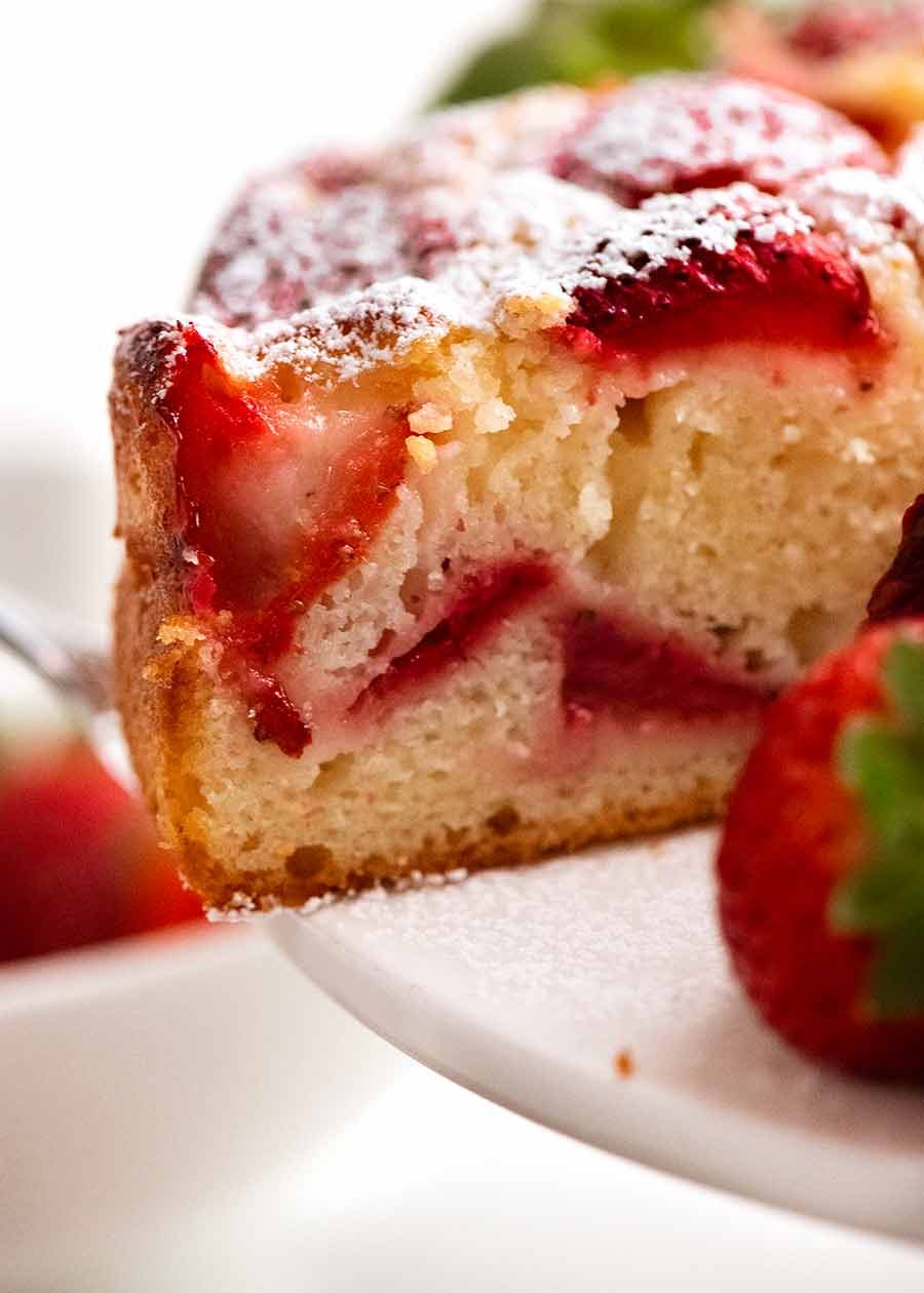 Close up showing soft moist crumb of Easy Strawberry Cake
