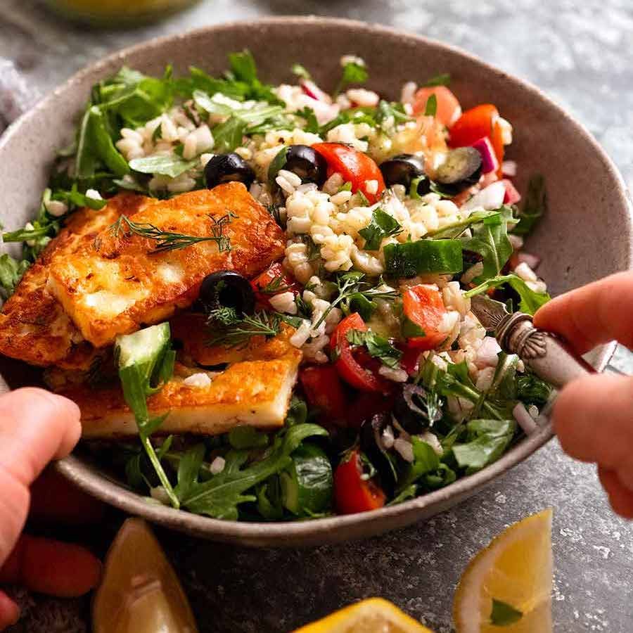 Brown Rice Salad in a bowl, ready to be eaten
