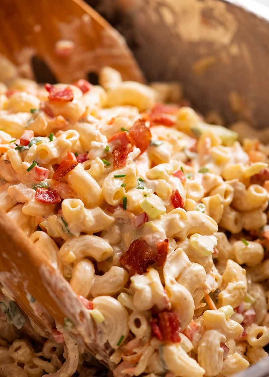 Close up of a big bowl of Chicken Pasta Salad with Creamy Dressing