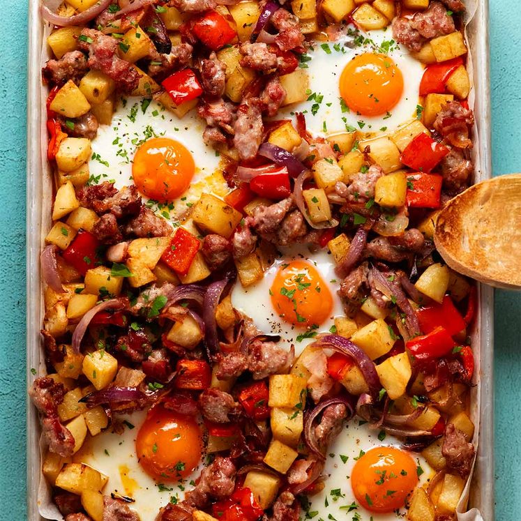 Baked breakfast hash with sausage and potatoes